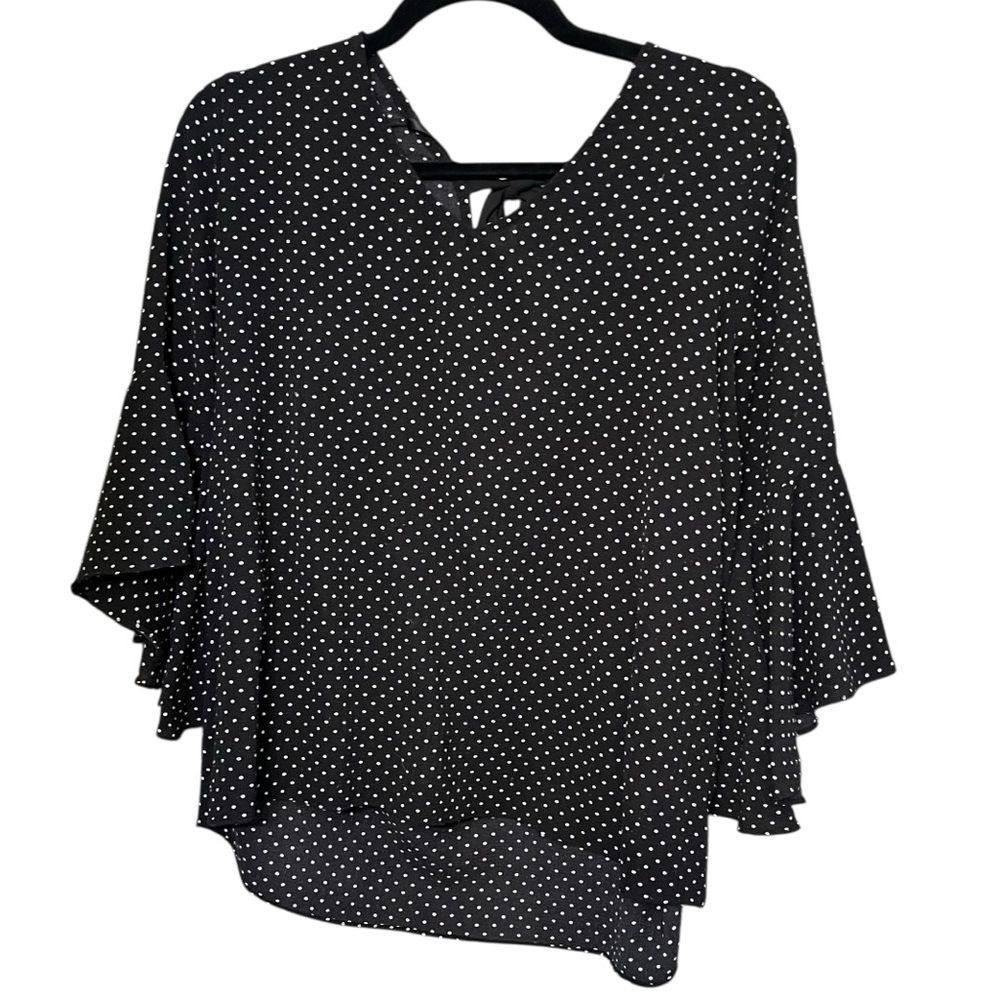Green Envelope size XL black & white polka dot blouse wide 3/4 bell sleeves